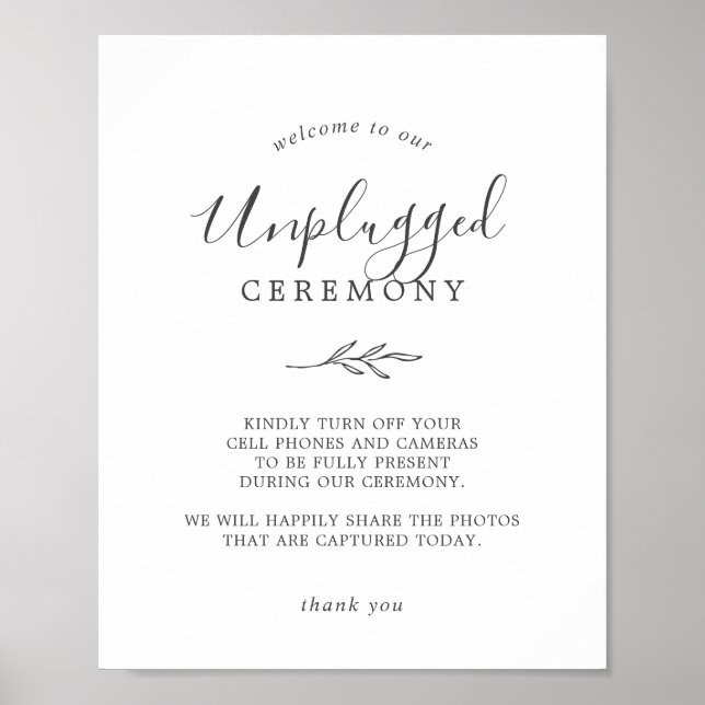Minimal Leaf | Dark Grey Unplugged Ceremony Sign (Front)