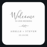 Minimal Leaf | Dark Grey Wedding Welcome Square Sticker<br><div class="desc">These minimal leaf dark grey wedding welcome stickers are perfect for an elegant wedding. The design features a simple greenery silhouette in charcoal grey with classic minimalist style. Personalise these stickers with the location of your wedding, names, and wedding date. These labels are perfect for destination weddings and hotel guest...</div>