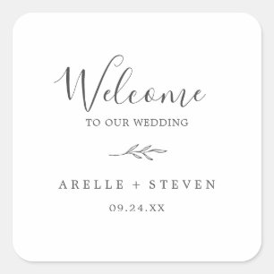 Minimal Leaf Dark Grey Wedding Welcome Square Sticker