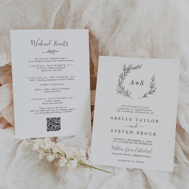 Minimal Leaf | Dark Grey Weekend Events Wedding Invitation (Creator Uploaded)