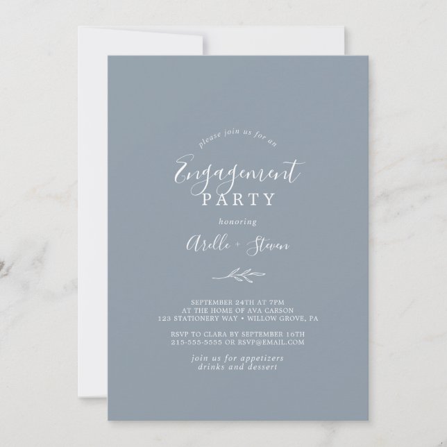 Minimal Leaf | Dusty Blue Engagement Party Invitation (Front)