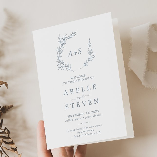 Minimal Leaf | Dusty Blue Folded Wedding Programme (Creator Uploaded)