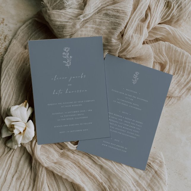 Minimal Leaf Dusty Blue Front & Back Wedding Invitation (Creator Uploaded)