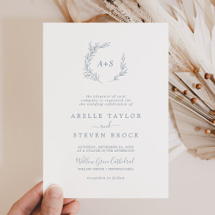 Minimal Leaf   Dusty Blue Small Monogram Wedding Invitation