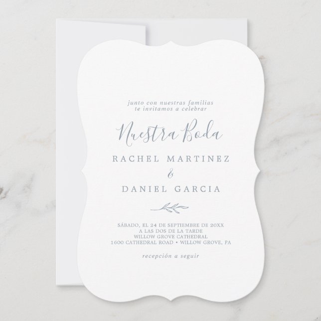 Minimal Leaf | Dusty Blue Spanish Nuestra Boda Invitation (Front)