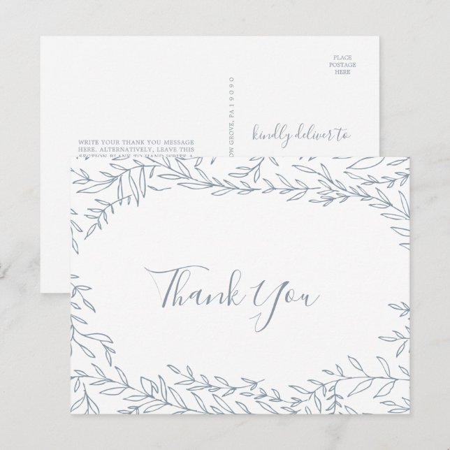Minimal Leaf | Dusty Blue Thank You Postcard (Front/Back)