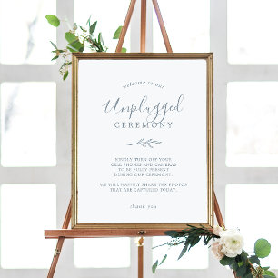 Minimal Leaf Dusty Blue Unplugged Ceremony Sign