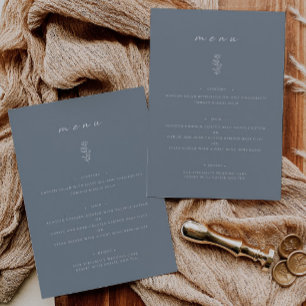 Minimal Leaf Dusty Blue Wedding Dinner Flat Menu