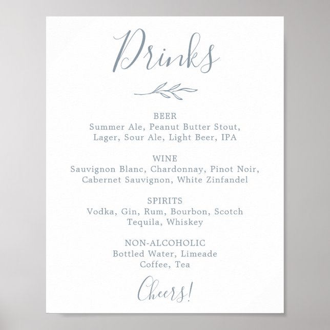 Minimal Leaf | Dusty Blue Wedding Drinks Menu Sign (Front)