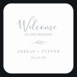 Minimal Leaf | Dusty Blue Wedding Welcome Square Sticker<br><div class="desc">These minimal leaf dusty blue wedding welcome stickers are perfect for an elegant wedding. The design features a simple greenery silhouette in light slate blue with classic minimalist style. Personalise these stickers with the location of your wedding, names, and wedding date. These labels are perfect for destination weddings and hotel...</div>