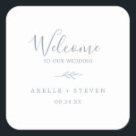 Minimal Leaf | Dusty Blue Wedding Welcome Square Sticker<br><div class="desc">These minimal leaf dusty blue wedding welcome stickers are perfect for an elegant wedding. The design features a simple greenery silhouette in light slate blue with classic minimalist style. Personalise these stickers with the location of your wedding, names, and wedding date. These labels are perfect for destination weddings and hotel...</div>