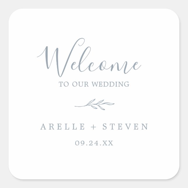 Minimal Leaf | Dusty Blue Wedding Welcome Square Sticker (Front)