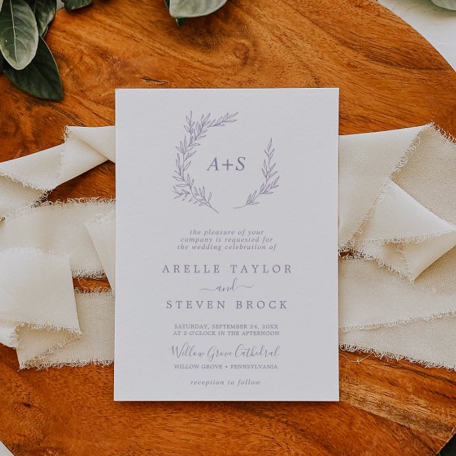 Minimal Leaf | Dusty Purple Monogram Wedding Invitation (Creator Uploaded)