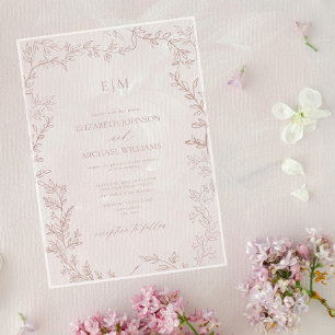 Minimal Leaf Dusty Rose Elegant Monogram Wedding Acrylic Invitations