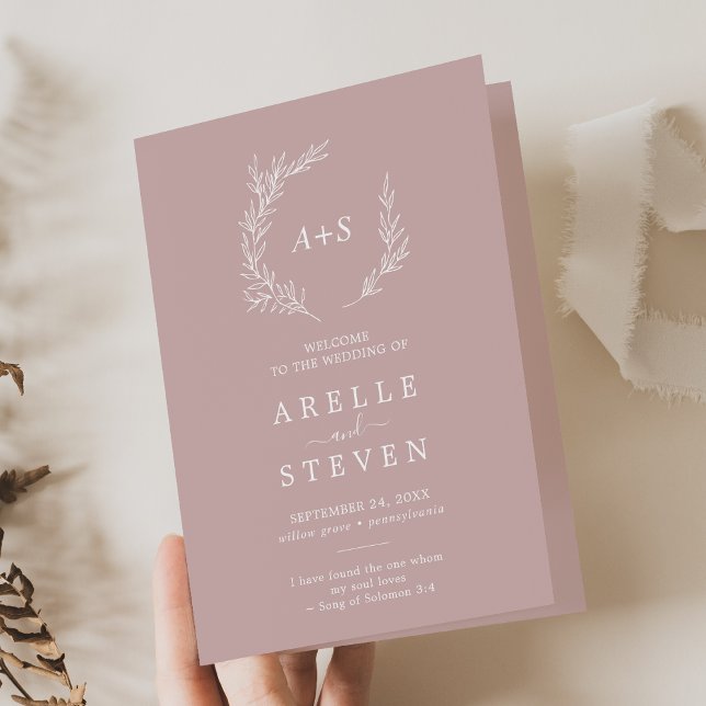 Minimal Leaf | Dusty Rose Folded Wedding Program Programme (Creator Uploaded)