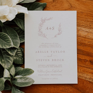 Minimal Leaf   Dusty Rose Formal Monogram Wedding Invitation