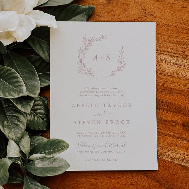 Minimal Leaf | Dusty Rose Formal Monogram Wedding Invitation (Creator Uploaded)