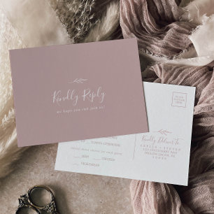 Minimal Leaf Dusty Rose Menu Choice RSVP Postcard