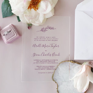 Minimal Leaf Eggplant Boho Formal Greenery Wedding Acrylic Invitations