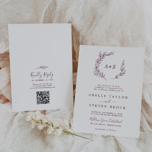 Minimal Leaf Eggplant Monogram QR Code Wedding Invitation