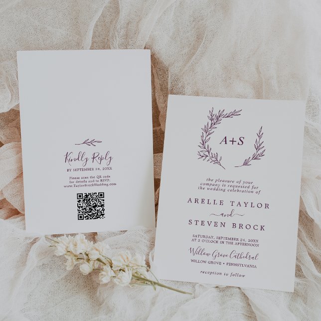 Minimal Leaf | Eggplant Monogram QR Code Wedding Invitation (Creator Uploaded)