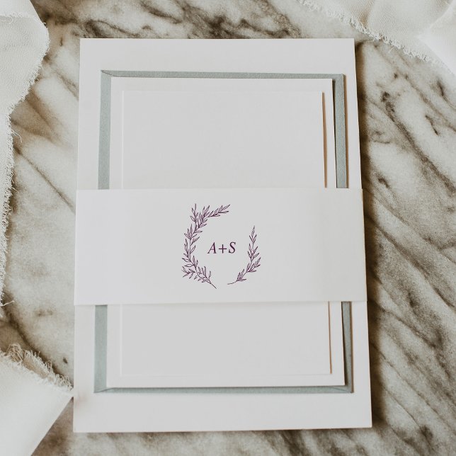 Minimal Leaf | Eggplant Monogram Wedding Invitation Belly Band (Creator Uploaded)
