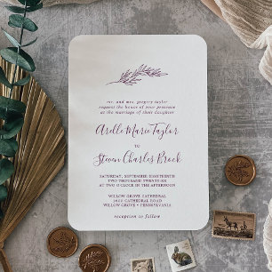 Minimal Leaf   Eggplant Traditional Wedding Invitation