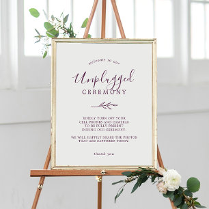 Minimal Leaf   Eggplant Unplugged Ceremony Sign