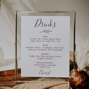 Minimal Leaf Eggplant Wedding Drinks Menu Poster