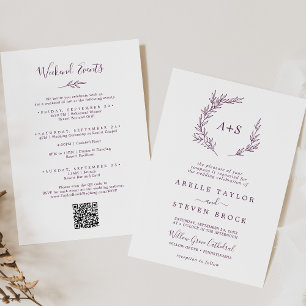 Minimal Leaf   Eggplant Weekend Events Wedding Invitation