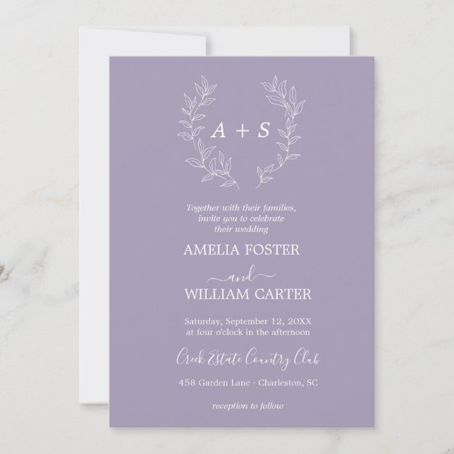 Minimal Leaf | Formal Monogram Wedding Invitation (Front)