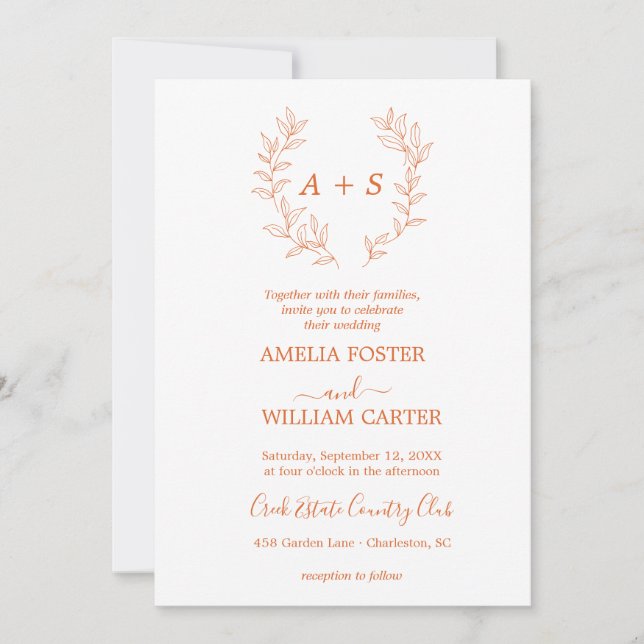 Minimal Leaf | Formal Monogram Wedding Invitation (Front)
