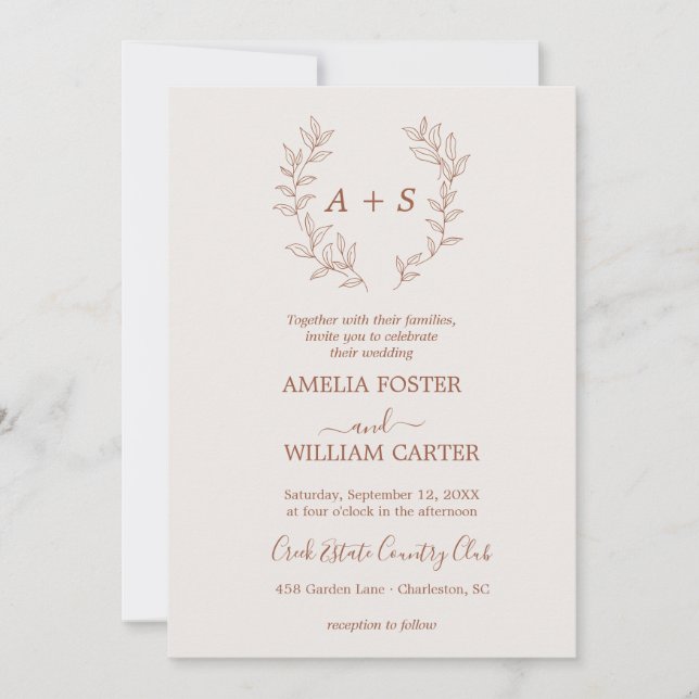 Minimal Leaf | Formal Monogram Wedding Invitation (Front)