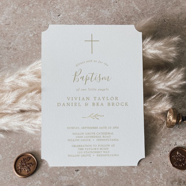 Minimal Leaf | Gold 2 or 3 Person Baptism Invitation (Minimal Leaf | Gold 2 or 3 Person Baptism Invitation)