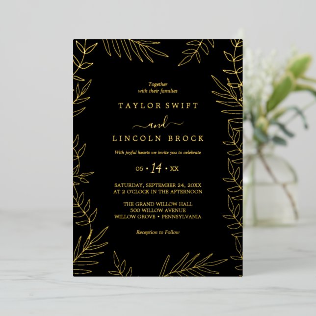 Minimal Leaf | Gold Foil Black Frame Wedding  (Standing Front)