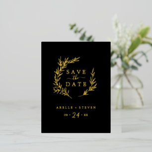 Minimal Leaf Gold Foil Black Save the Date Invitation Postcard