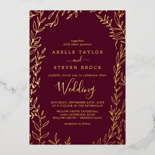 Minimal Leaf | Gold Foil Burgundy Frame Wedding (Front)