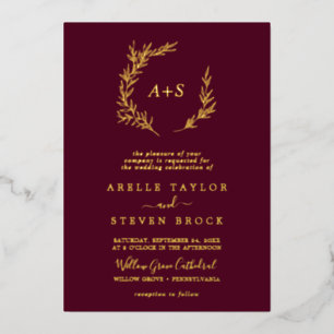 Minimal Leaf   Gold Foil Burgundy Monogram Wedding