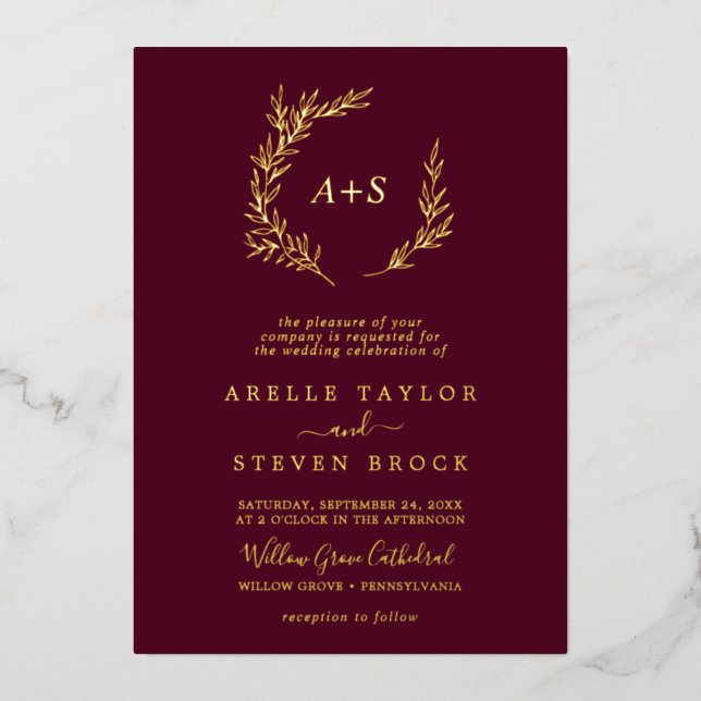 Minimal Leaf | Gold Foil Burgundy Monogram Wedding (Front)