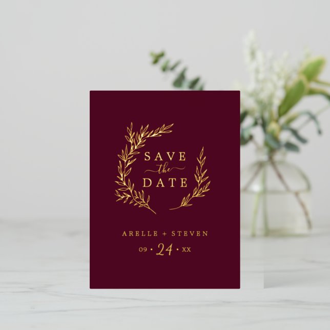 Minimal Leaf | Gold Foil Burgundy Save the Date Foil Invitation Postcard (Standing Front)