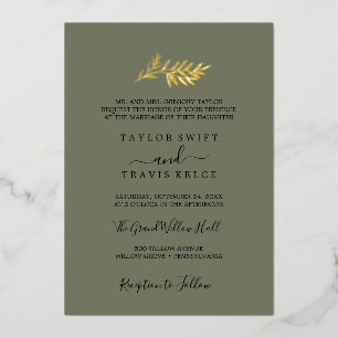 Minimal Leaf Gold Foil Dark Green Wedding