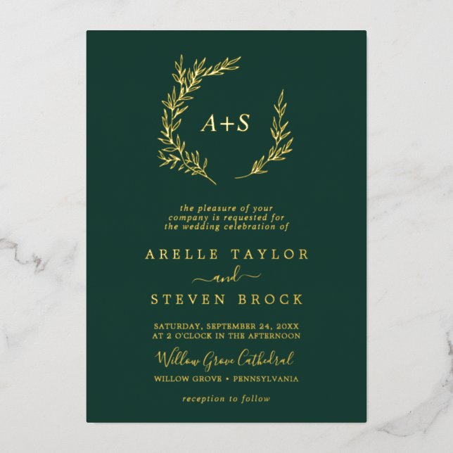 Minimal Leaf | Gold Foil Emerald Monogram Wedding (Front)