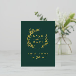 Minimal Leaf   Gold Foil Emerald Save the Date Invitation Postcard