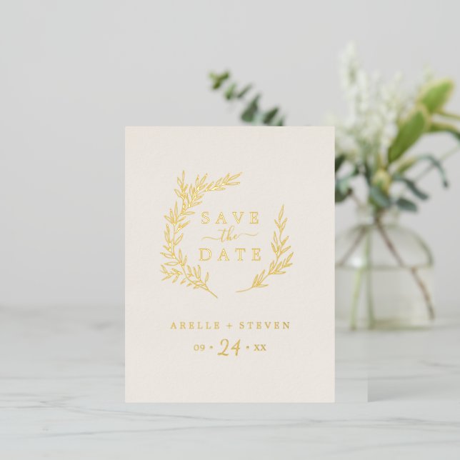 Minimal Leaf | Gold Foil Ivory Save the Date Invitation Postcard (Standing Front)