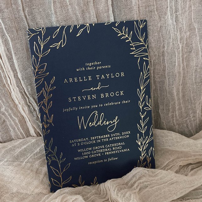 Minimal Leaf | Gold Foil Navy Blue Frame Wedding (Creator Uploaded)