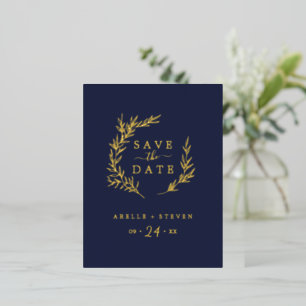 Minimal Leaf   Gold Foil Navy Blue Save the Date Invitation Postcard