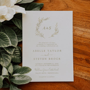 Minimal Leaf Gold Formal Monogram Wedding Invitation
