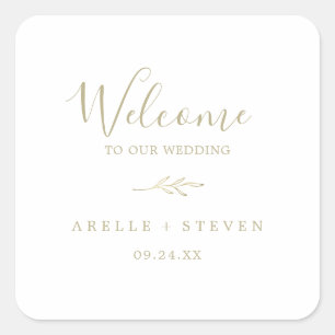 Minimal Leaf Gold Wedding Welcome Square Sticker