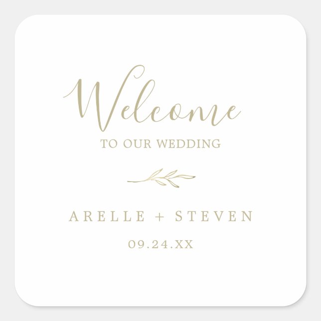 Minimal Leaf | Gold Wedding Welcome Square Sticker (Front)