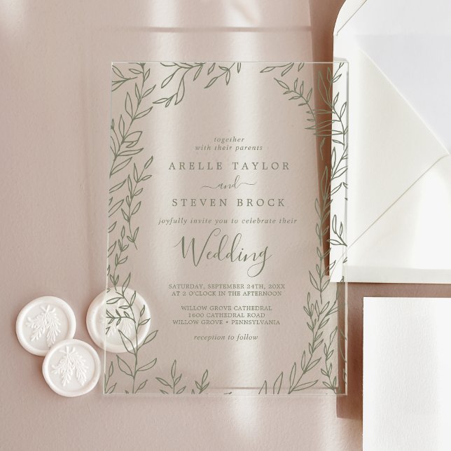 Minimal Leaf Green Greenery Elegant Boho Wedding Acrylic Invitations (Minimal Leaf Green Greenery Elegant Boho Wedding Acrylic Invitations)